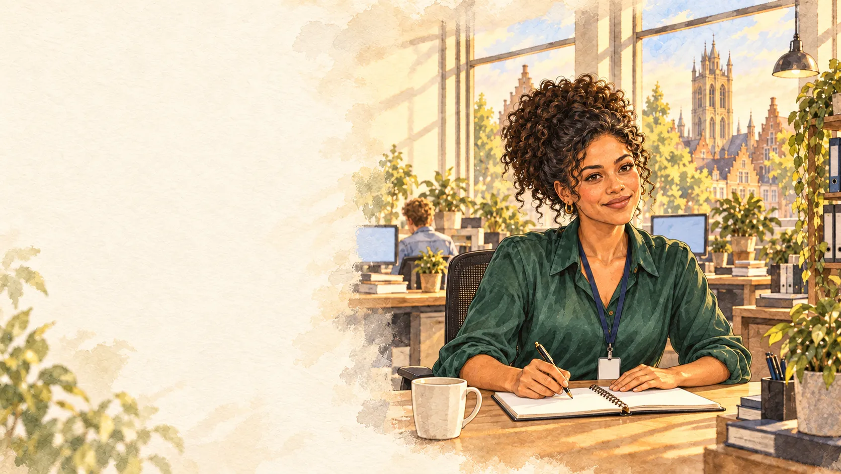 Illustration à l’aquarelle : Nadia, office manager, travaille sereinement dans un bureau lumineux de Gand.