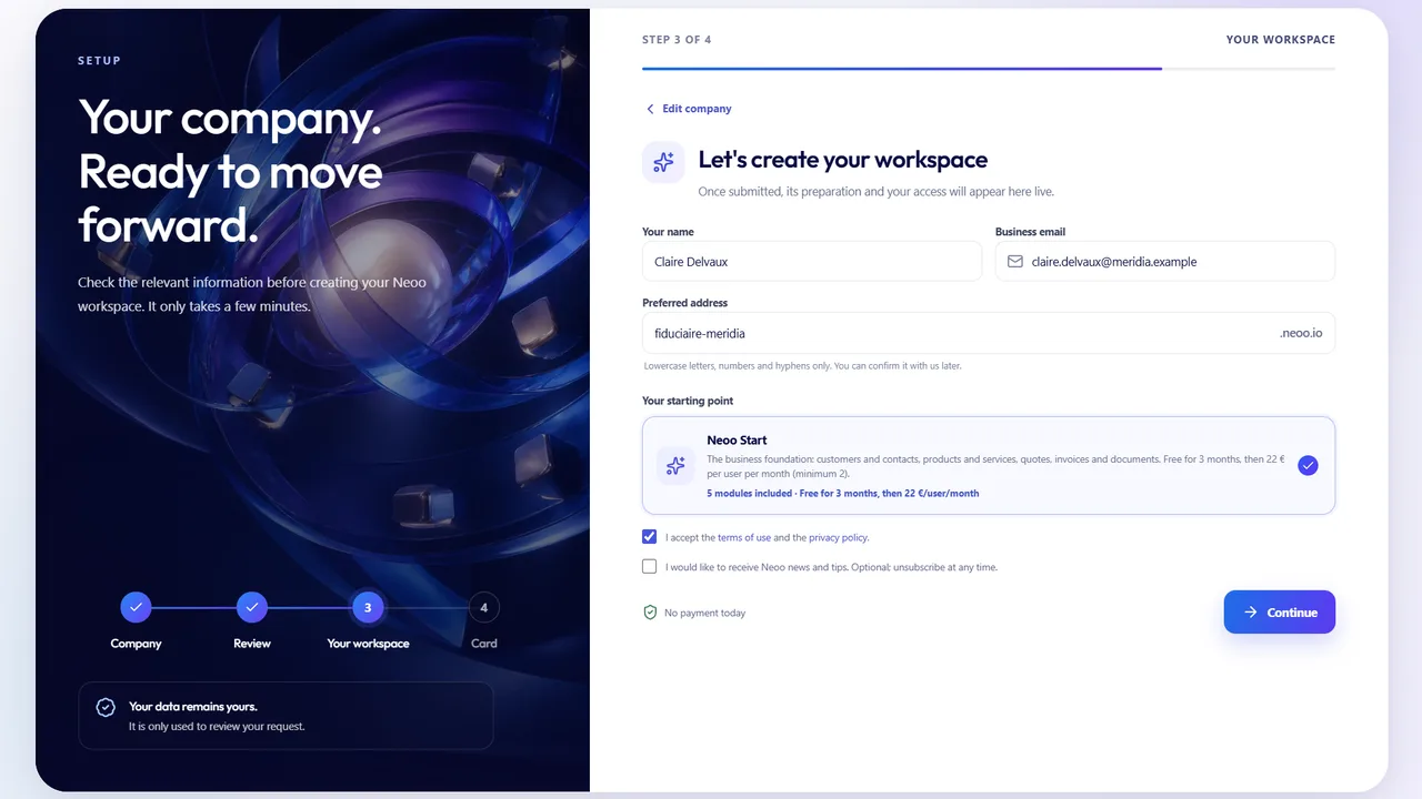 start.neoo.io, étape 3 sur 4 : nom, e-mail professionnel, adresse de l’espace et offre de départ