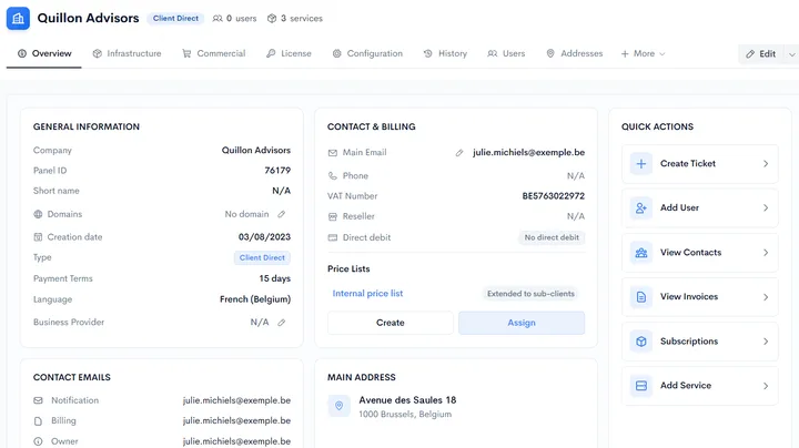 Onglet Informations client d’un ticket dans Neoo : informations générales, contact et facturation, listes de prix et actions rapides.
